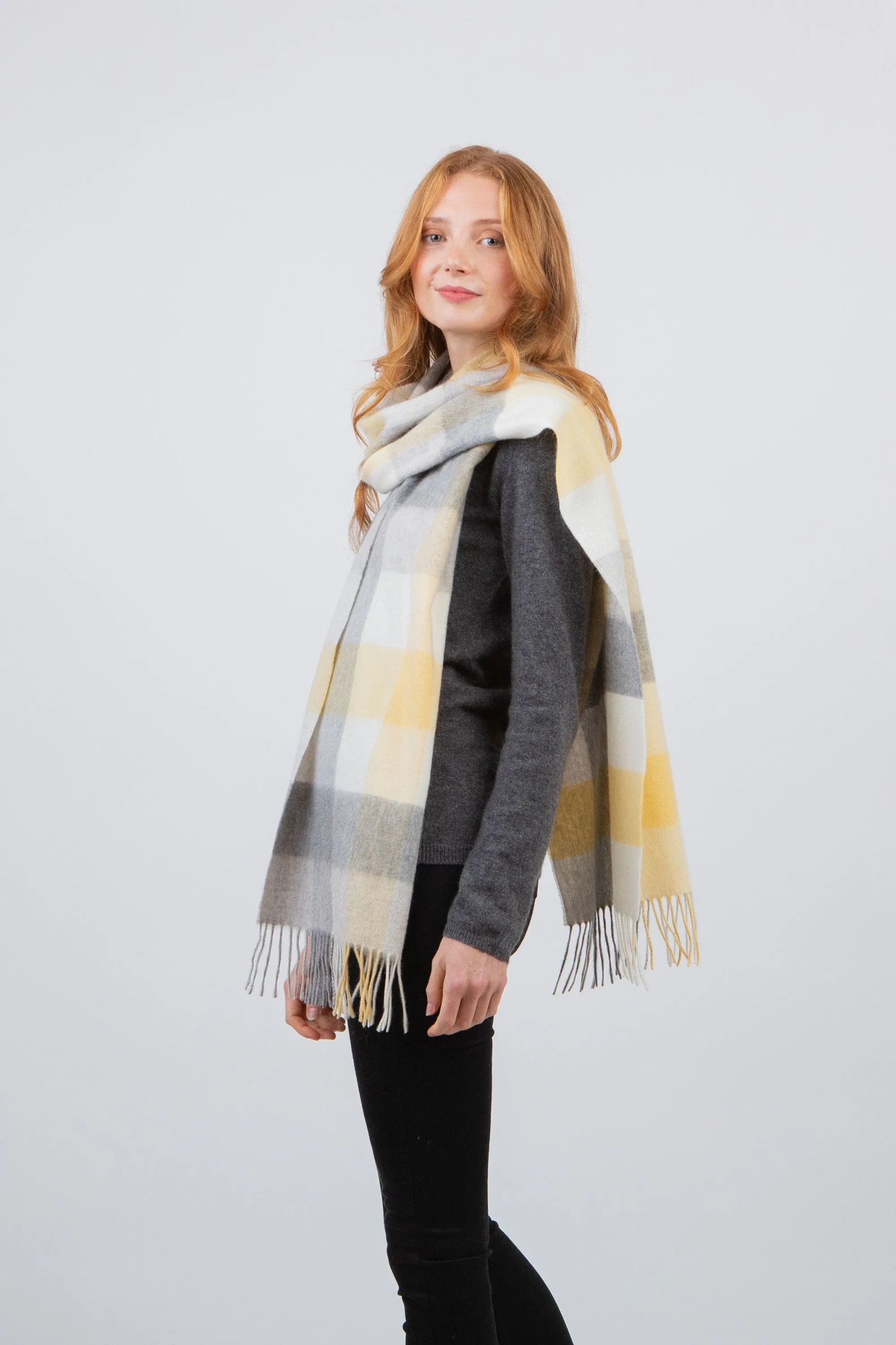 5 Square Check Cashmere Wide Scarf - Butter