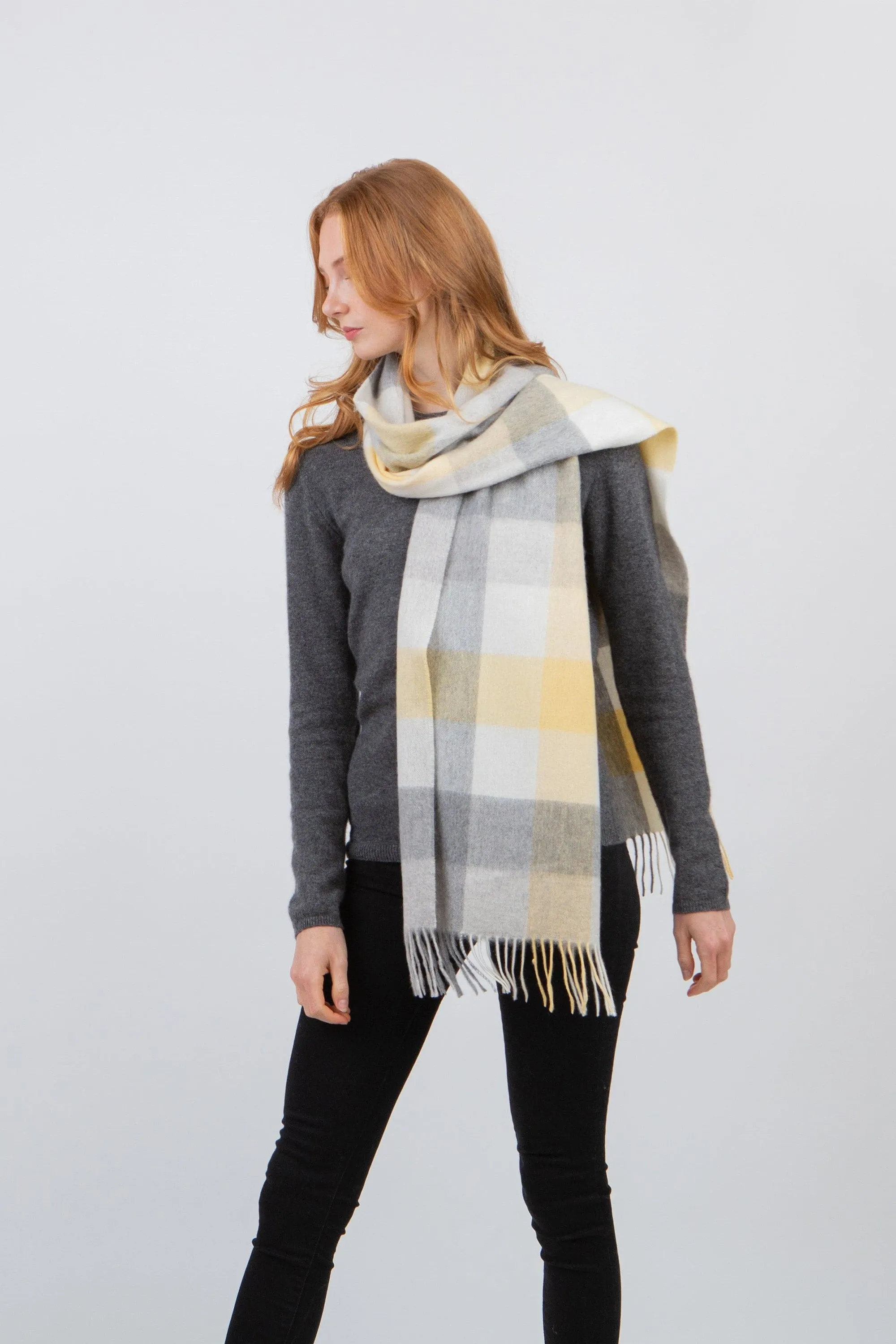 5 Square Check Cashmere Wide Scarf - Butter