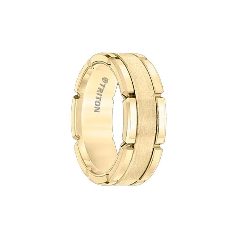 ALAMAR Gold Plated Tungsten Carbide Flat Comfort Fit Band with Brush Center & Bright Rims by Triton Rings - 8mm