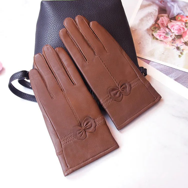 Autumn And Winter Sheep Leather Gloves Women Driving Cold Red Cute Bow Women Plus Velvet Warm Leather Gloves