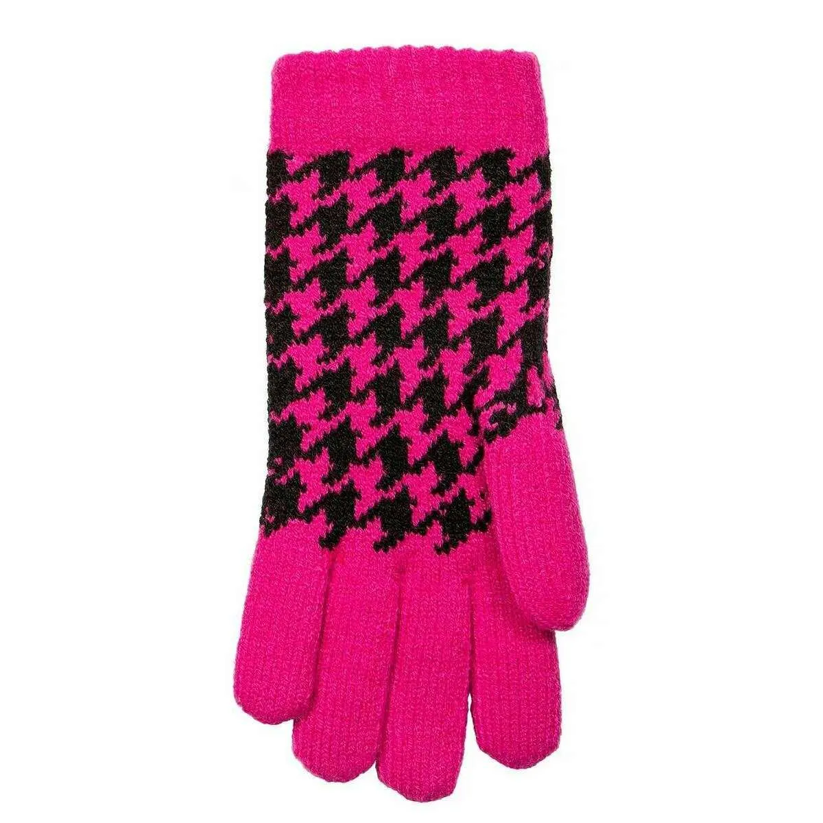 Dents Dogtooth Jacquard Knitted Gloves - Fuchsia Pink/Black