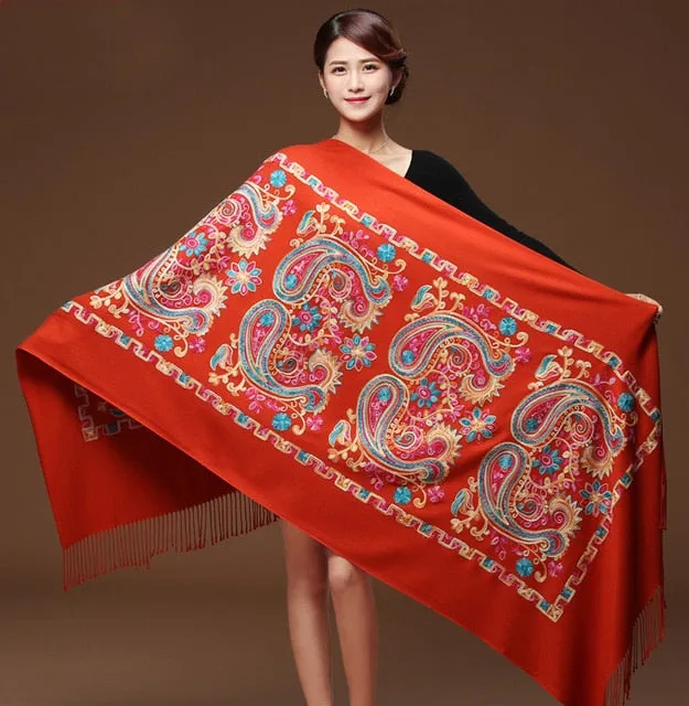 Embroided Flower Pashmina Cashmere Scarf  Fine Tassels