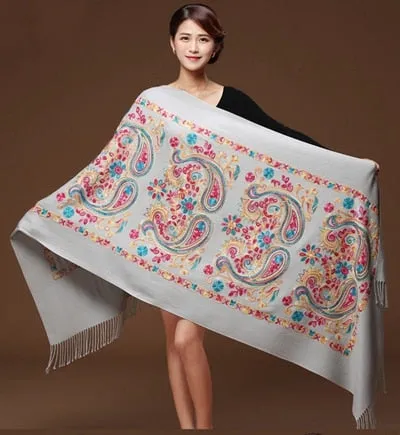 Embroided Flower Pashmina Cashmere Scarf  Fine Tassels