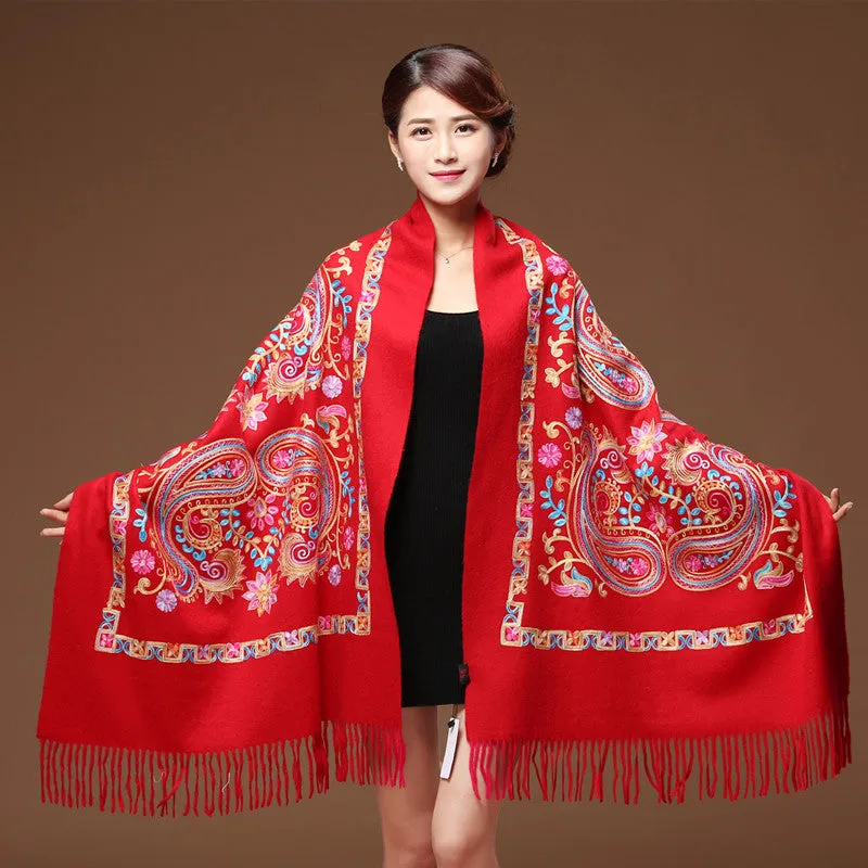 Embroided Flower Pashmina Cashmere Scarf  Fine Tassels