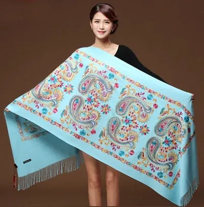 Embroided Flower Pashmina Cashmere Scarf  Fine Tassels