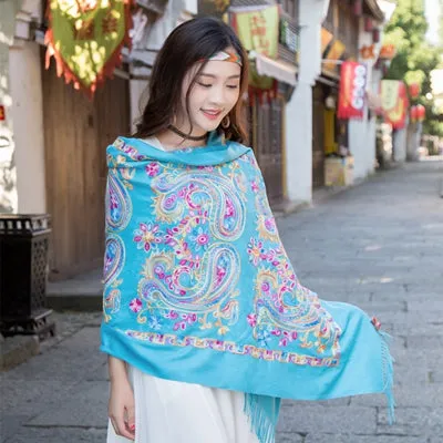 Embroided Flower Pashmina Cashmere Scarf  Fine Tassels