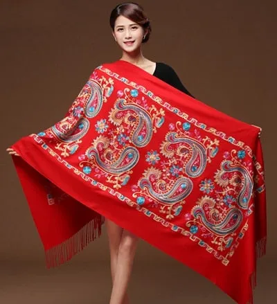 Embroided Flower Pashmina Cashmere Scarf  Fine Tassels