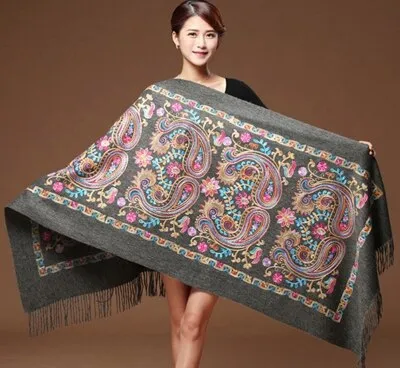 Embroided Flower Pashmina Cashmere Scarf  Fine Tassels