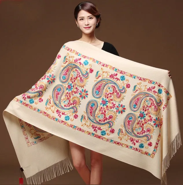 Embroided Flower Pashmina Cashmere Scarf  Fine Tassels