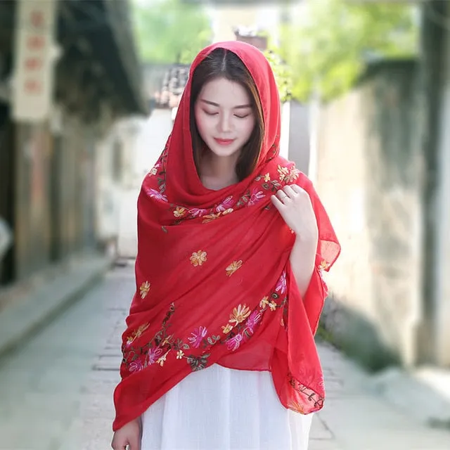 Embroided Flower Pashmina Cashmere Scarf  Fine Tassels