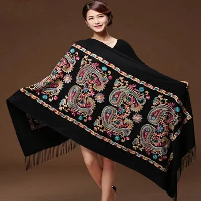 Embroided Flower Pashmina Cashmere Scarf  Fine Tassels