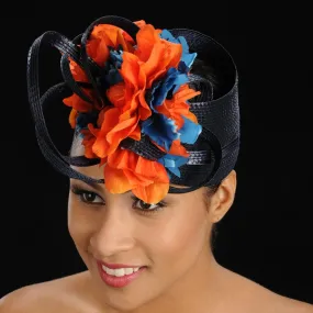 F6002- Blue and orange flowers black straw fascinator