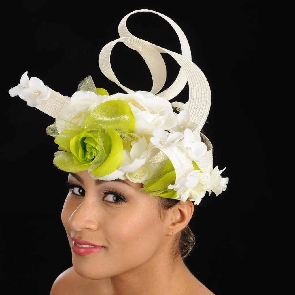 F6024 Cream straw fascinator with flowers design