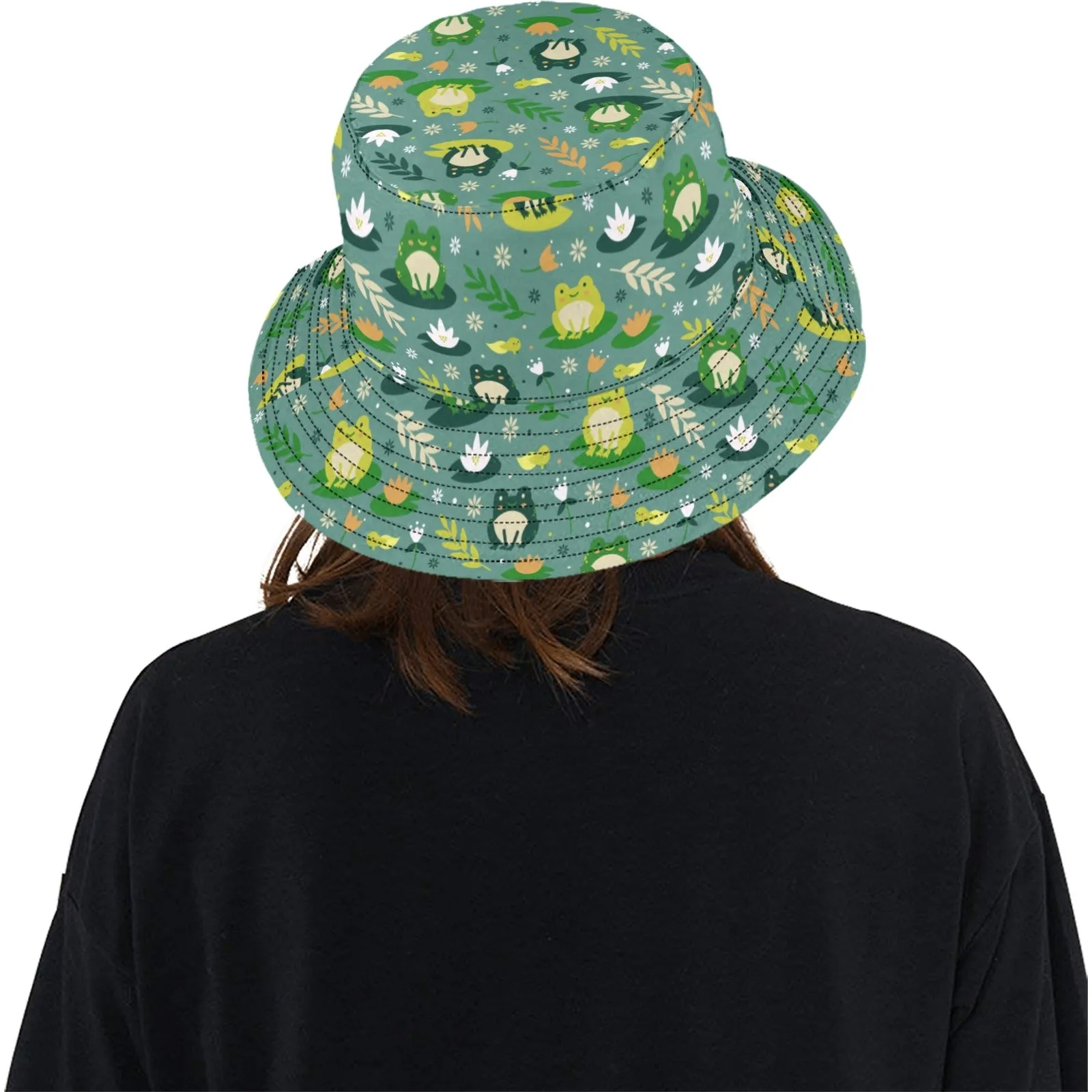 Frog Bucket Hat, Retro Vintage Green Animal Summer Festival Cute Women Men Designer Beach Sun Shade Y2K Cotton Twill