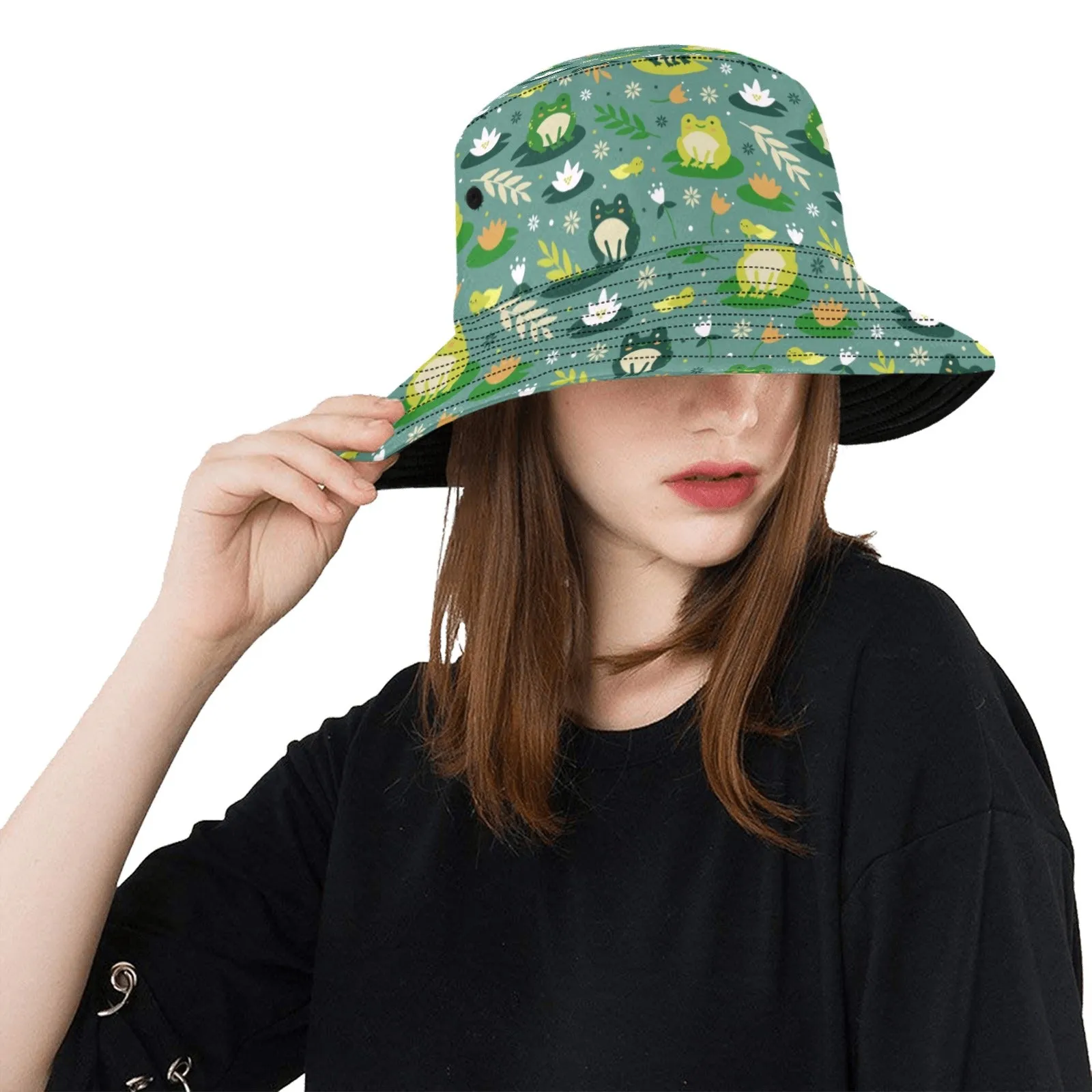 Frog Bucket Hat, Retro Vintage Green Animal Summer Festival Cute Women Men Designer Beach Sun Shade Y2K Cotton Twill