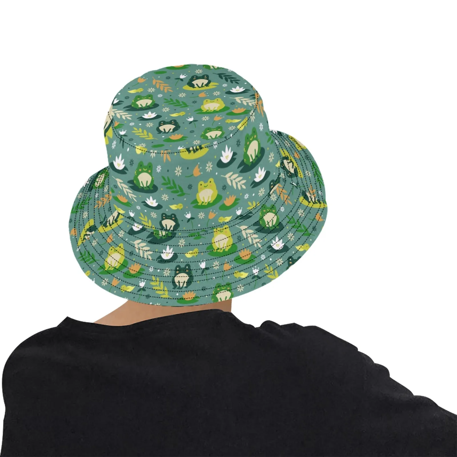 Frog Bucket Hat, Retro Vintage Green Animal Summer Festival Cute Women Men Designer Beach Sun Shade Y2K Cotton Twill