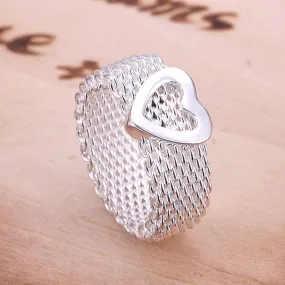 Heart Silky Chains Silver Mesh Ring for Women Casual or Dressy