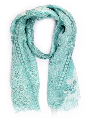 Kiton Scarf Aqua Turquoise Patch Print - Linen Silk Shawl SALE