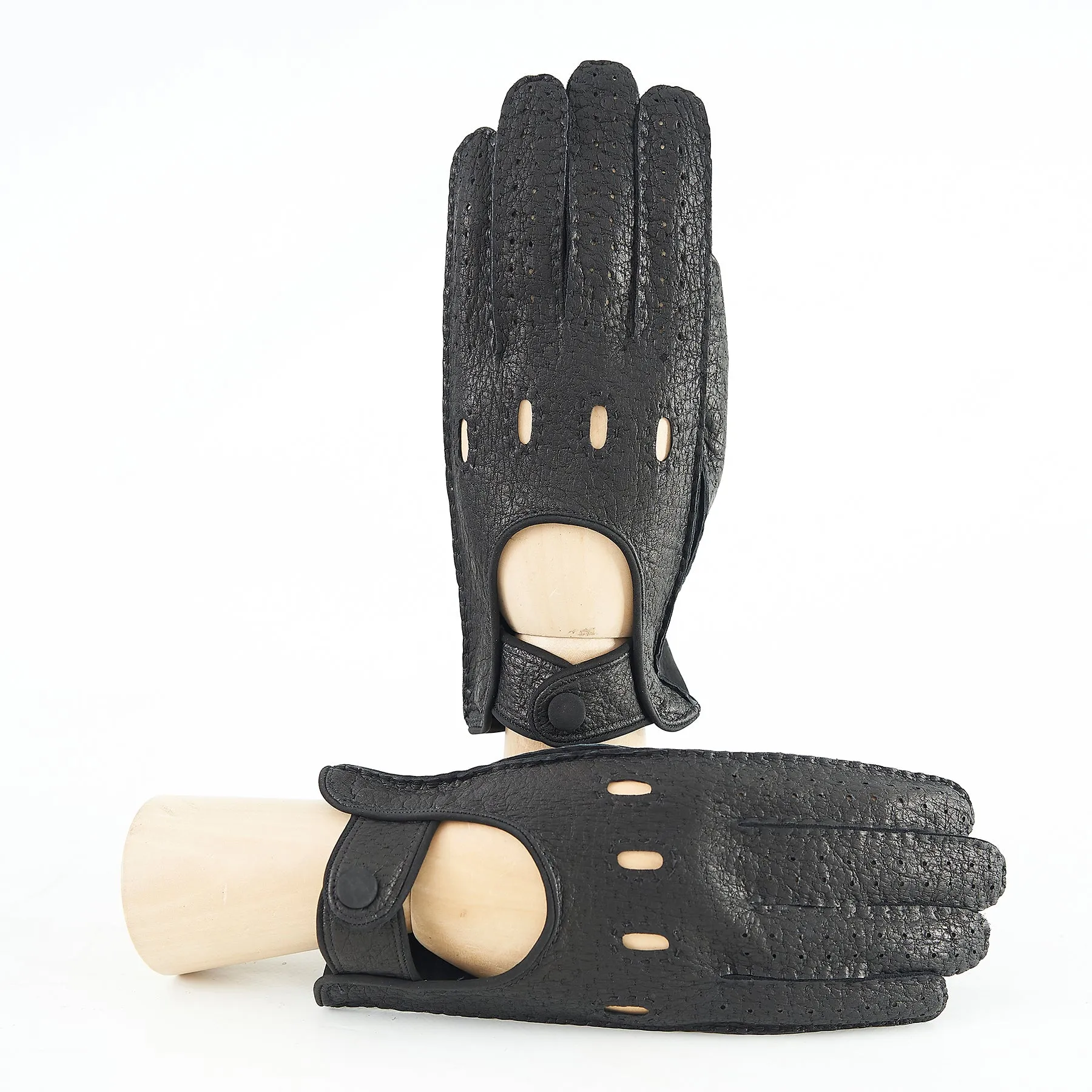 Men's unlined black peccary leather driving gloves with nabuck  palm and button closure