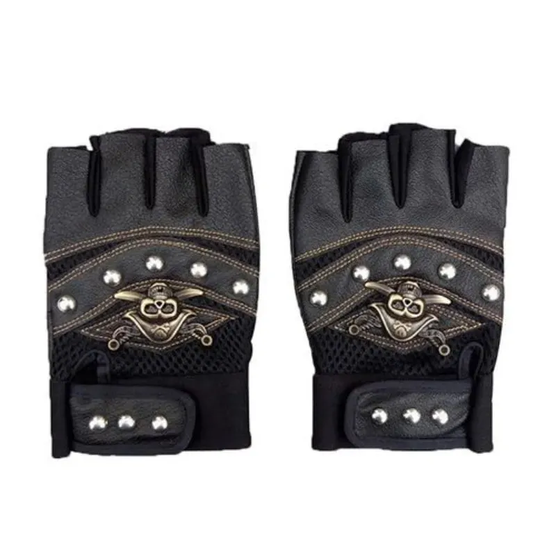 PU Leather Skull Punk Black Driving Motorcycle Bike Rider Fingerless Gloves Unisex