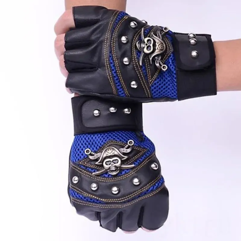 PU Leather Skull Punk Black Driving Motorcycle Bike Rider Fingerless Gloves Unisex