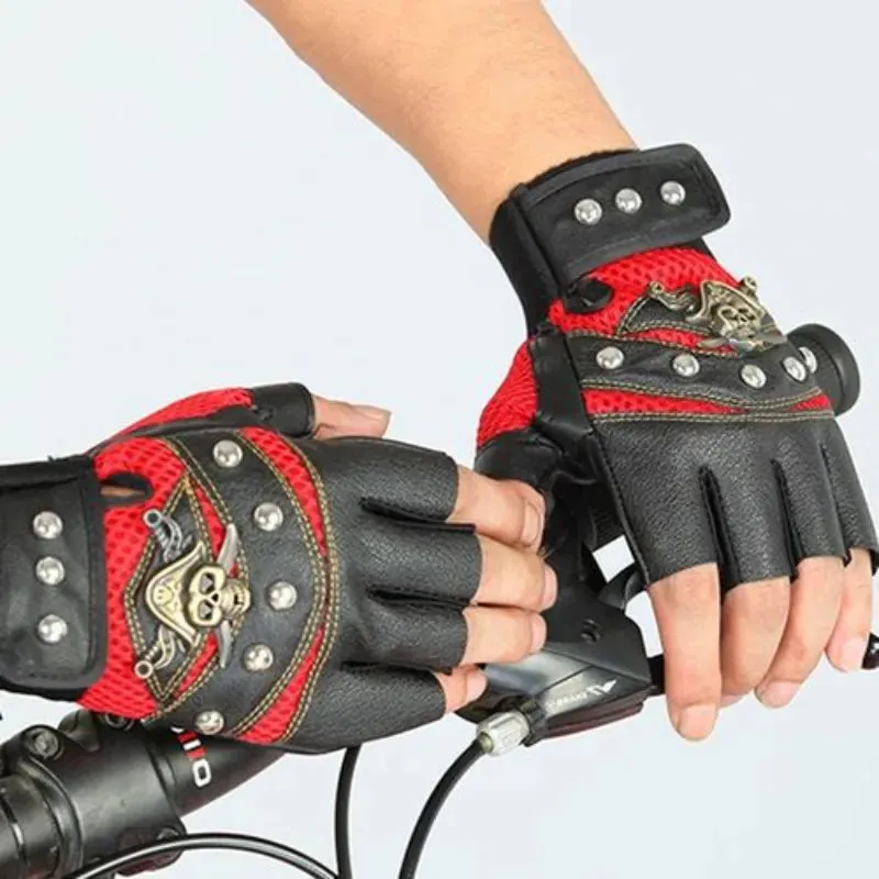 PU Leather Skull Punk Black Driving Motorcycle Bike Rider Fingerless Gloves Unisex