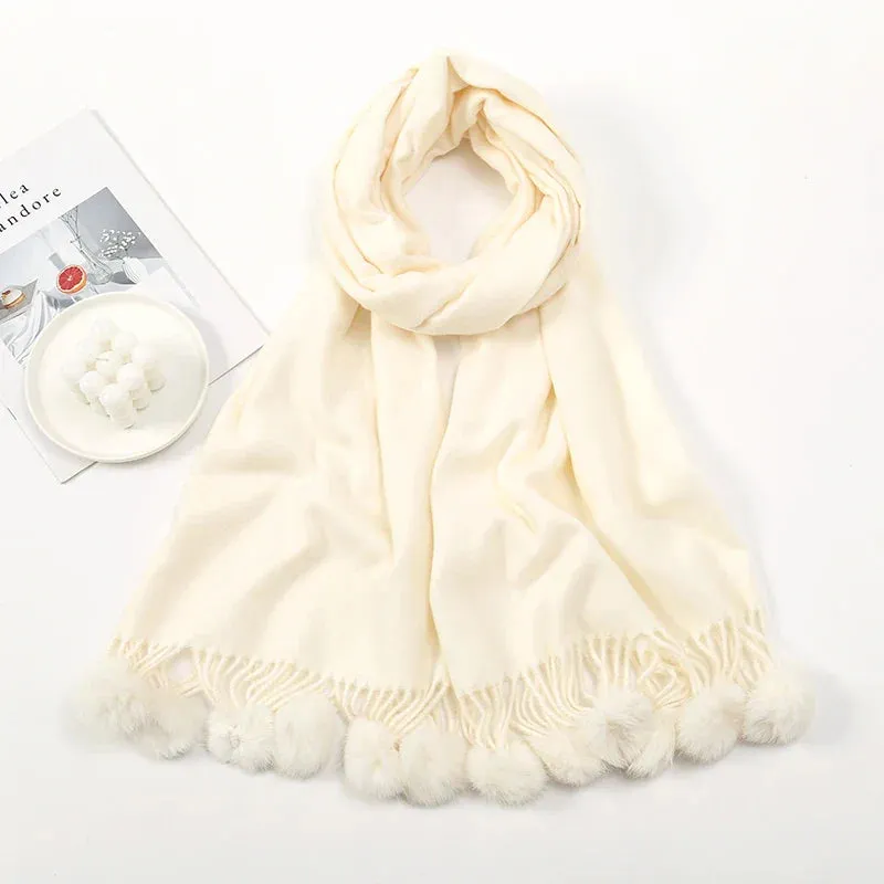 Rabbit Fur Ball Cashmere Pompom Oversize Blanket Scarf for Women