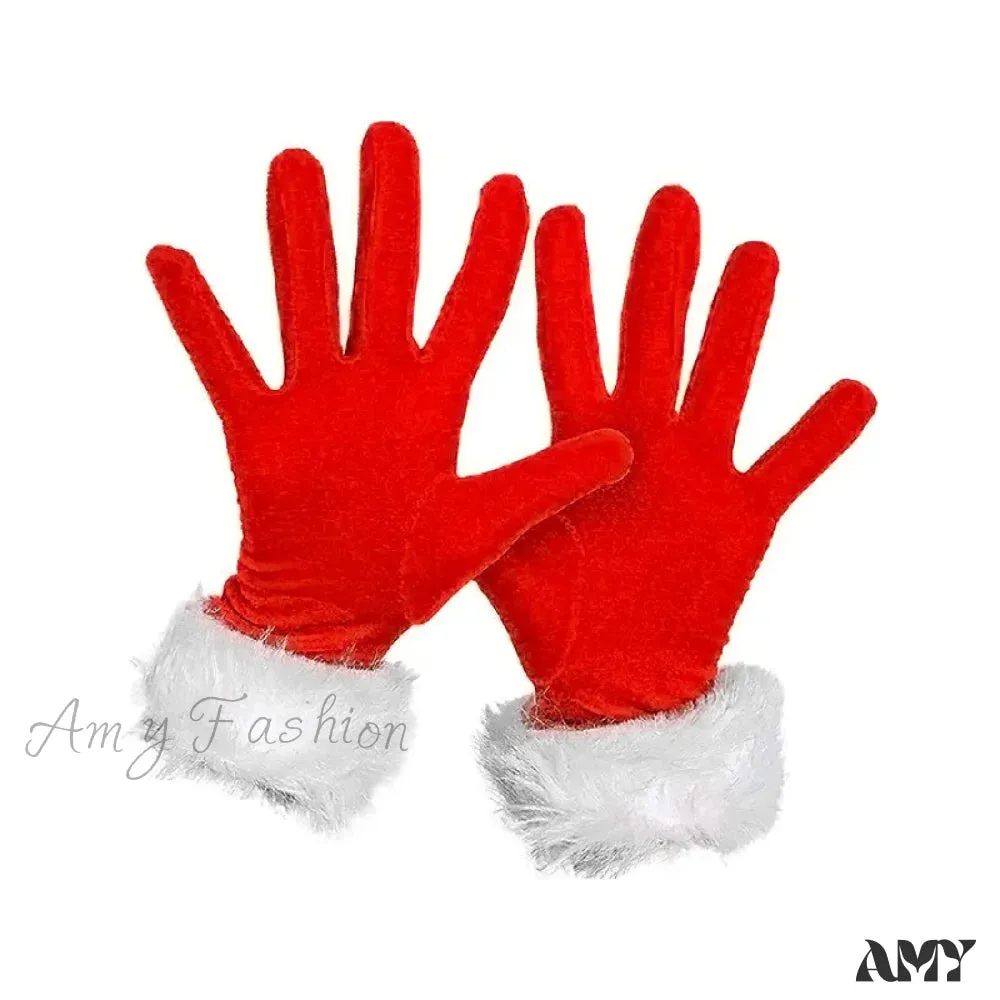 Santa Claus Festive White Fur Red Full Finger Fancy Dress Party Christmas Glove