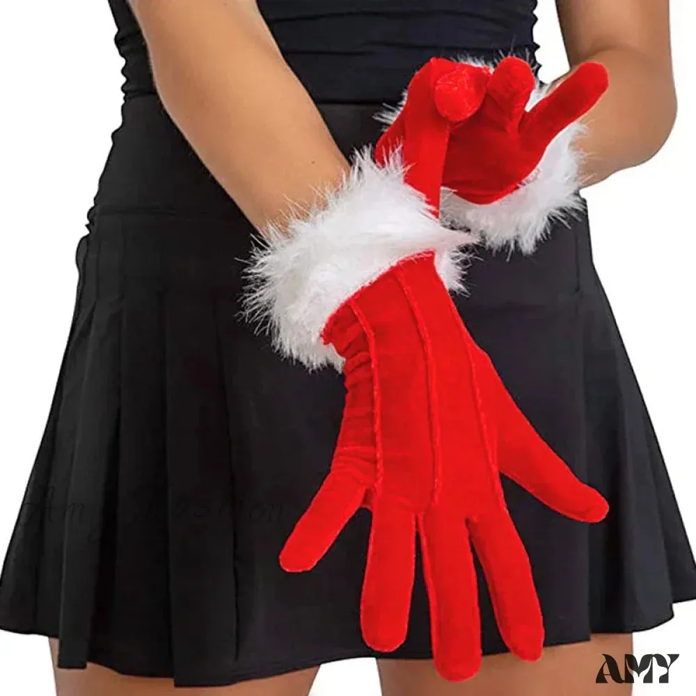 Santa Claus Festive White Fur Red Full Finger Fancy Dress Party Christmas Glove