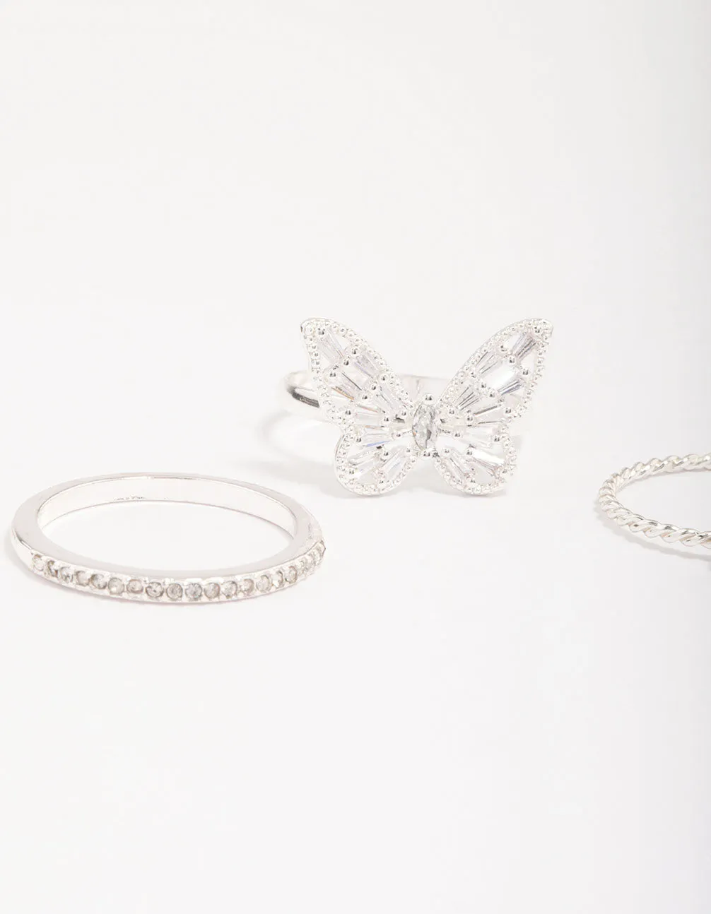 Silver Plated Cubic Zirconia Butterfly Ring Pack