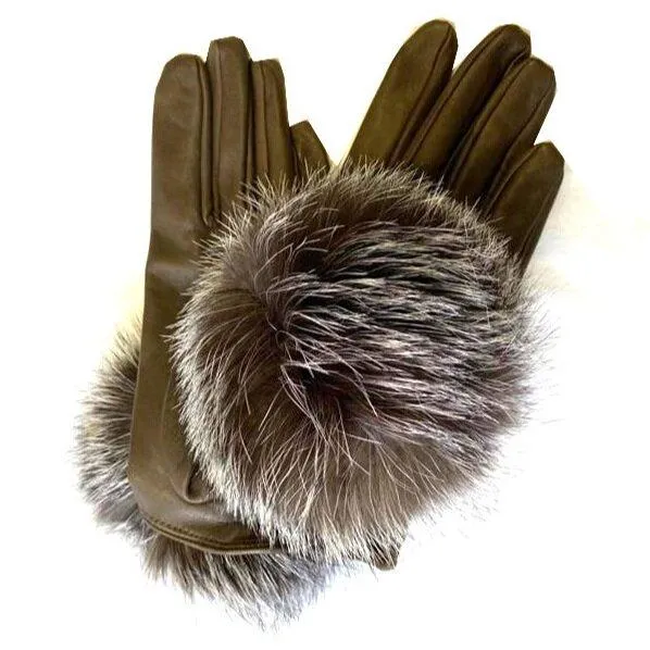 Veronique Pom Pom Mini - Women's Silk Lined Leather Gloves with Fox Fur Pom Pom