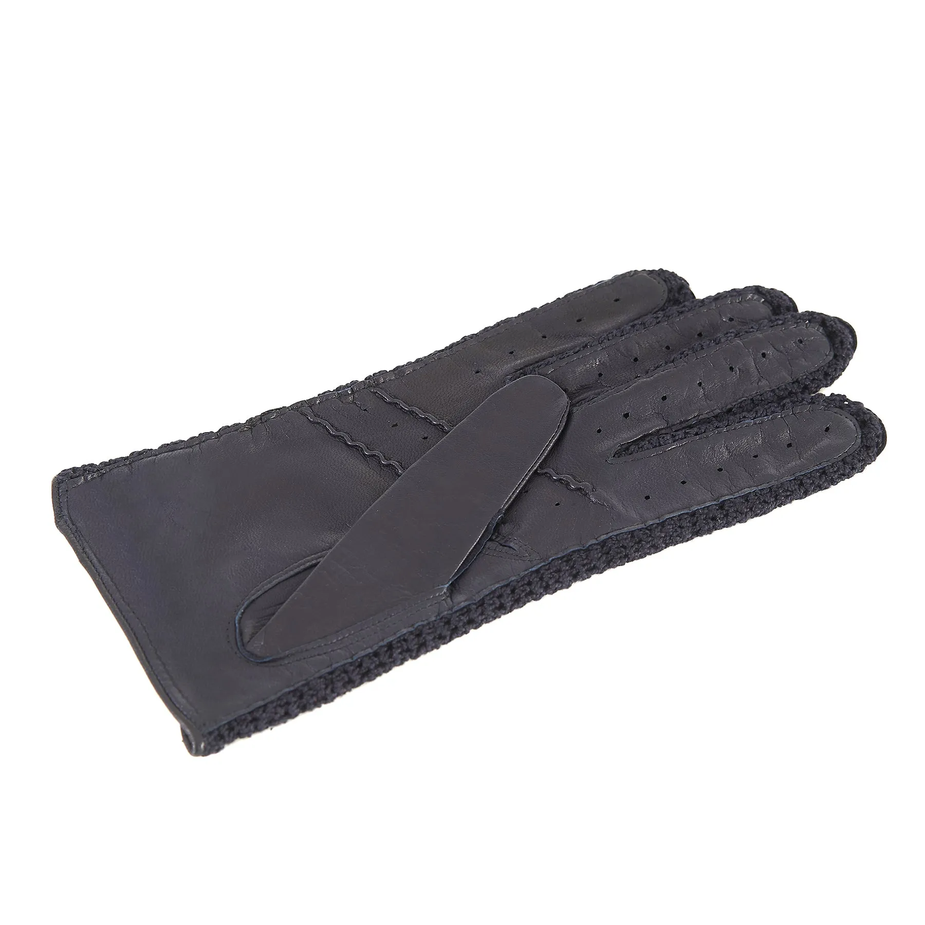 Women's driving gloves in blue navy nappa leather with holes on the knuckles and crochet finger inserts